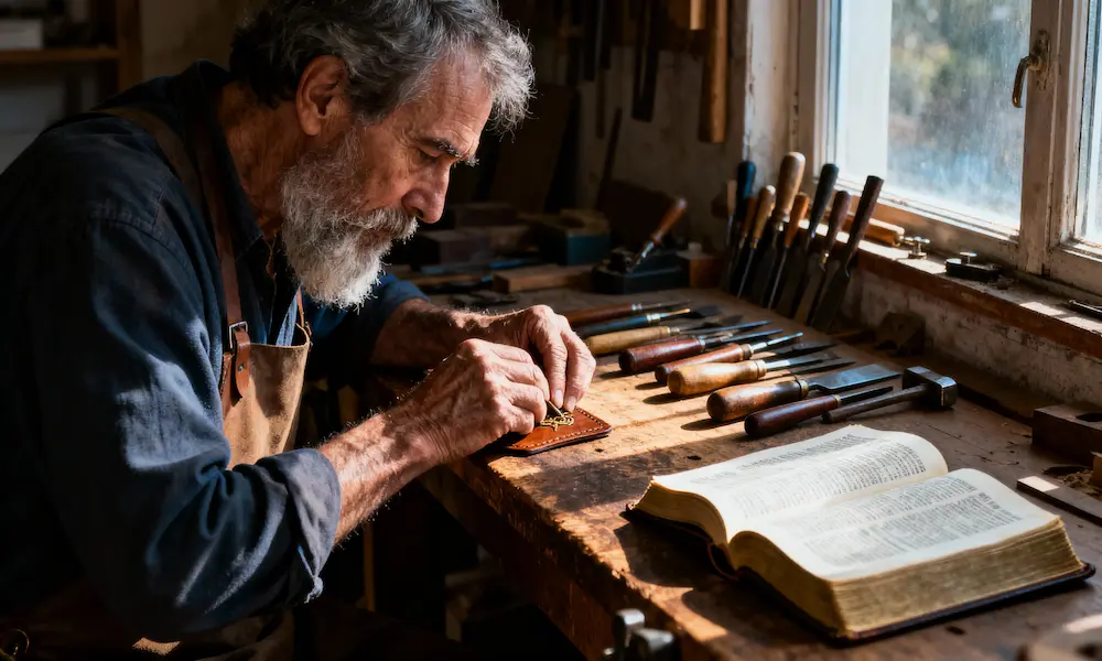 Skilled craftsperson works with precision on detailed project with open Bible in afternoon workshop light.
