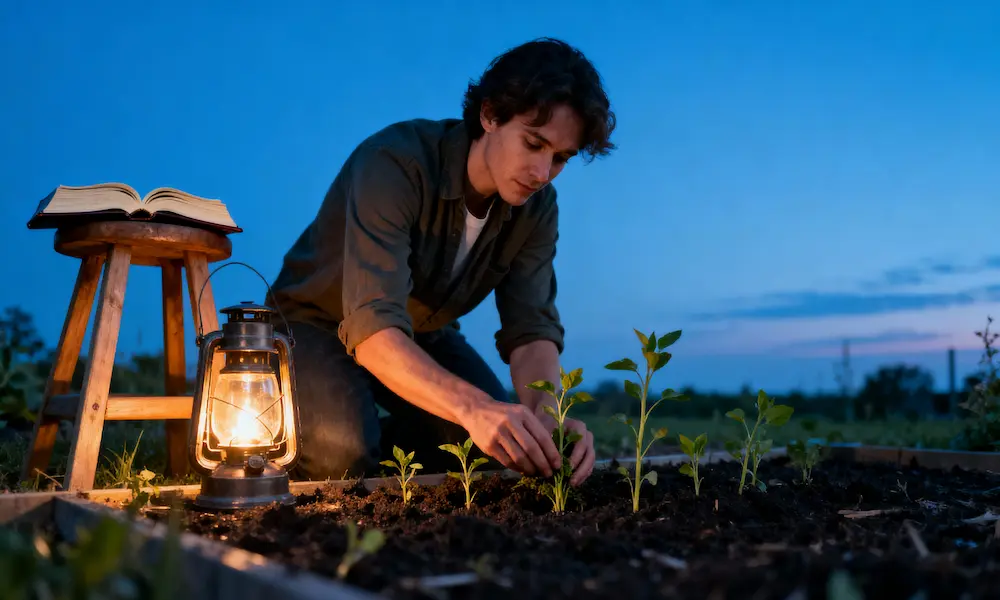 Person tends recovering garden with new growth at blue hour, Bible on garden stool with lantern light.