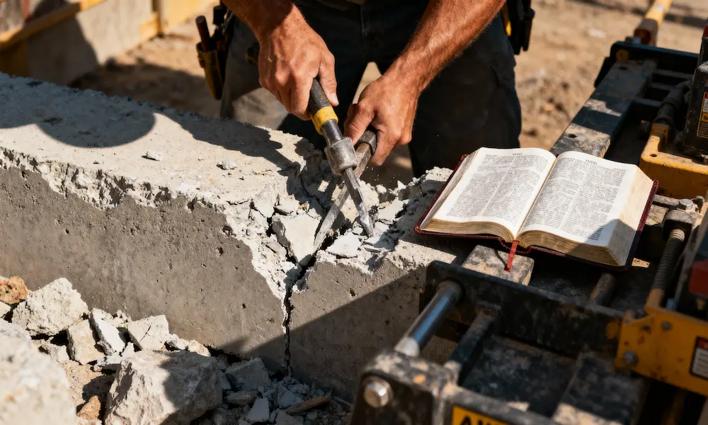 Determined construction worker breaks through concrete wall with open Bible on equipment in dramatic afternoon light.
