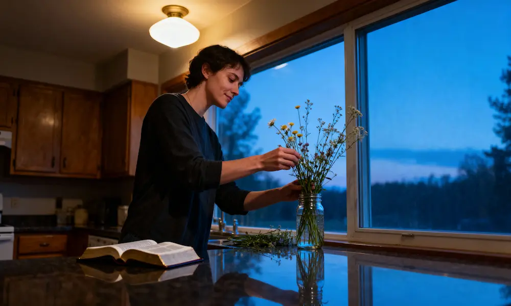 Person arranges wildflowers in mason jar at blue hour kitchen window with open Bible and warm light.