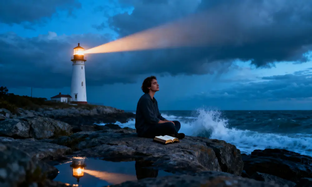 Person sits peacefully by lighthouse as waves crash with open Bible at stormy blue hour.
