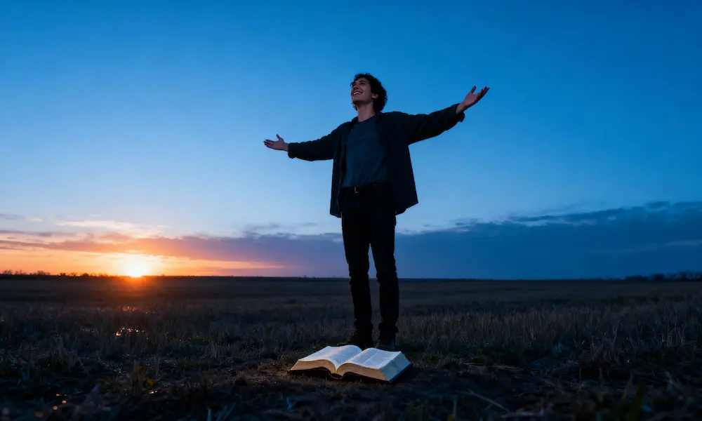 Person stands with outstretched arms in open field at blue hour with open Bible and liberating sunset.