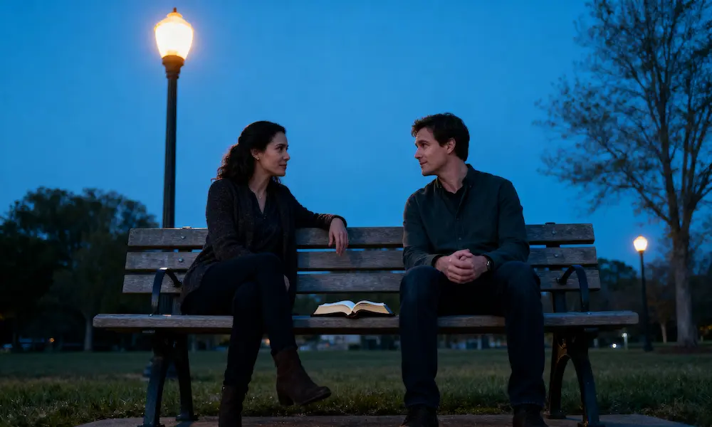 Two people reconcile peacefully on park bench with open Bible at blue hour with warm lighting.