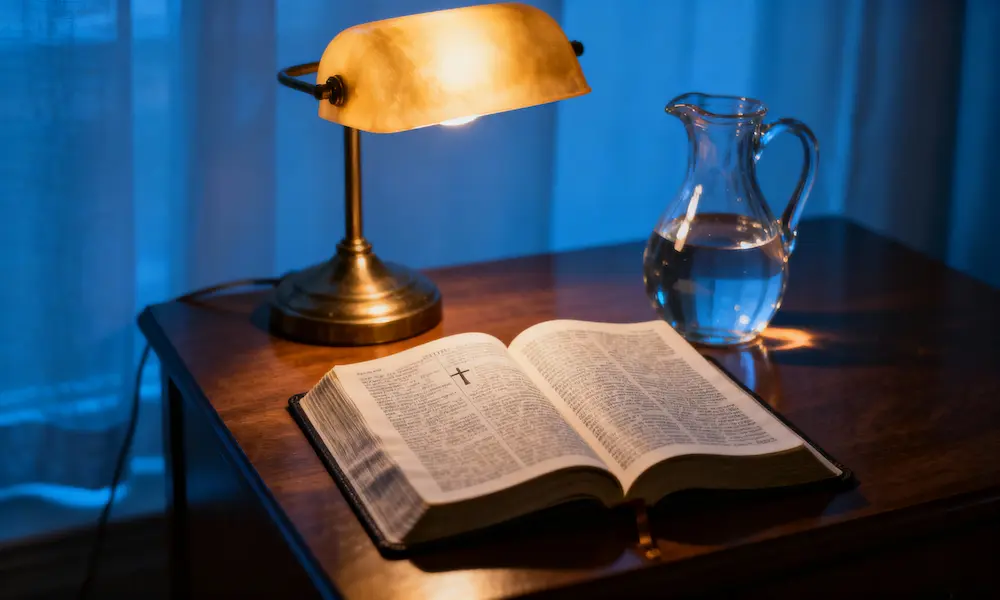 Nightstand with open Bible, warm lamp, and water carafe at blue hour.
