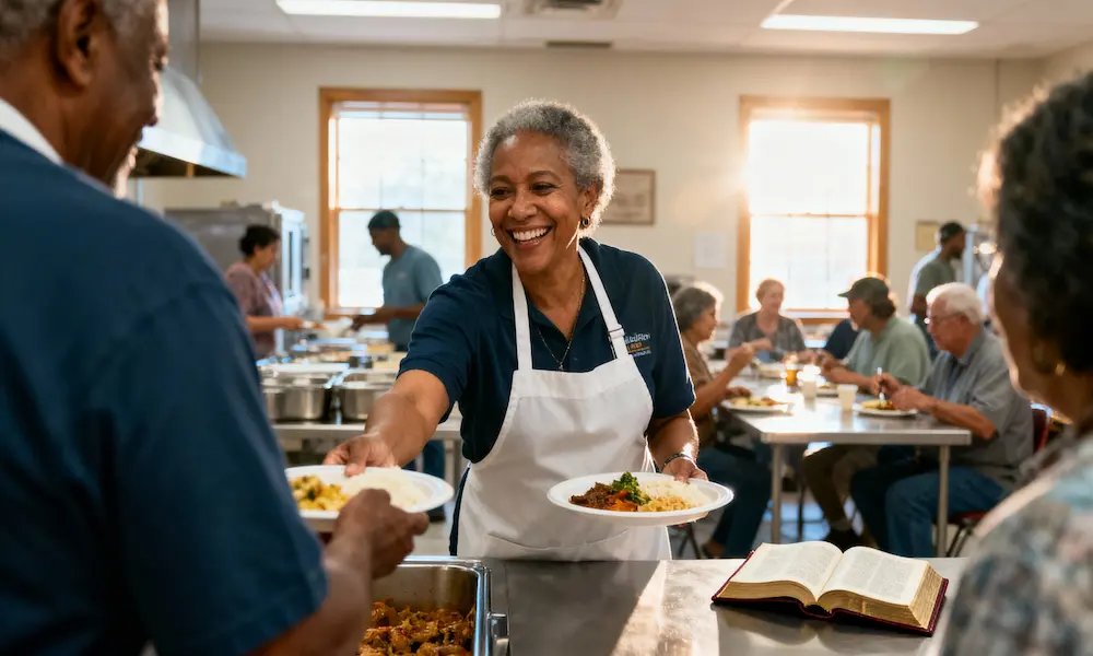 Cheerful volunteer serves meals in community kitchen with open Bible and warm afternoon atmosphere.