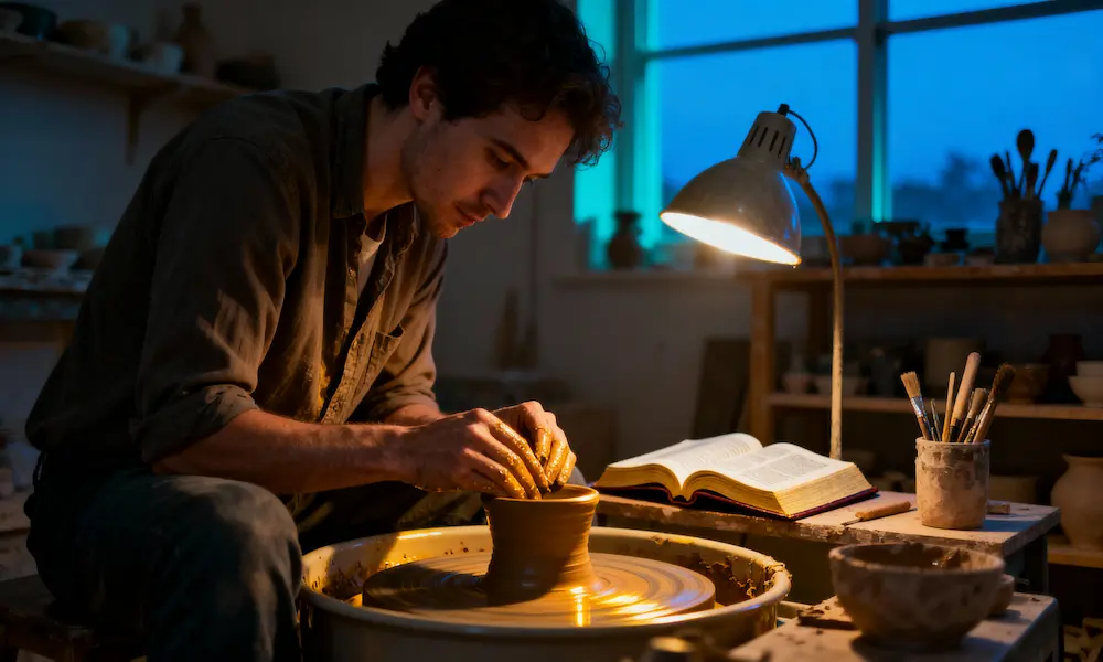 Potter works patiently at wheel shaping clay with open Bible in studio at blue hour.
