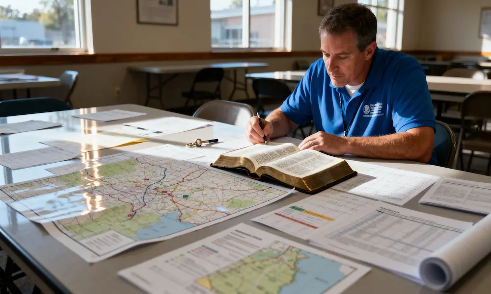 Volunteer coordinator reviews community outreach plans with open Bible on planning table in morning light.