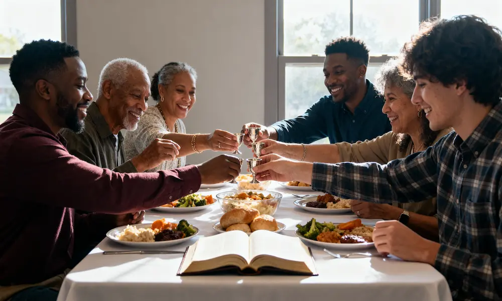 Diverse believers share communion meal with open Bible at table center in warm fellowship hall light.