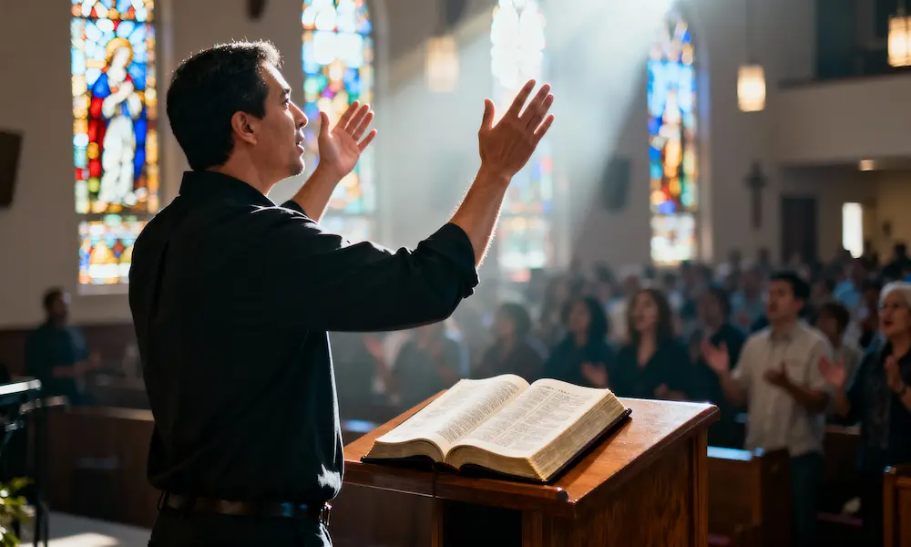 Worship leader with raised hands leads congregation with open Bible on podium in stained glass morning light.