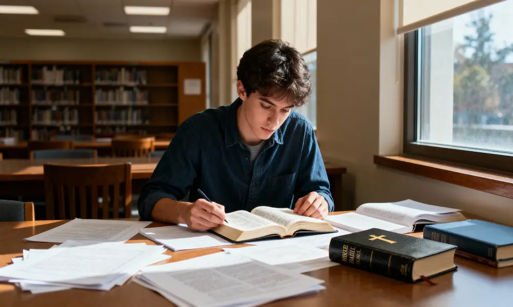 : Focused student works on research with open Bible among academic materials in afternoon library light.