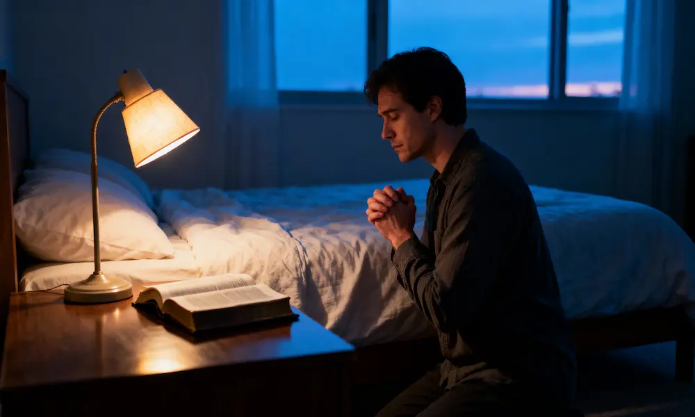 Person kneels in peaceful bedside prayer with open Bible on nightstand at blue hour.