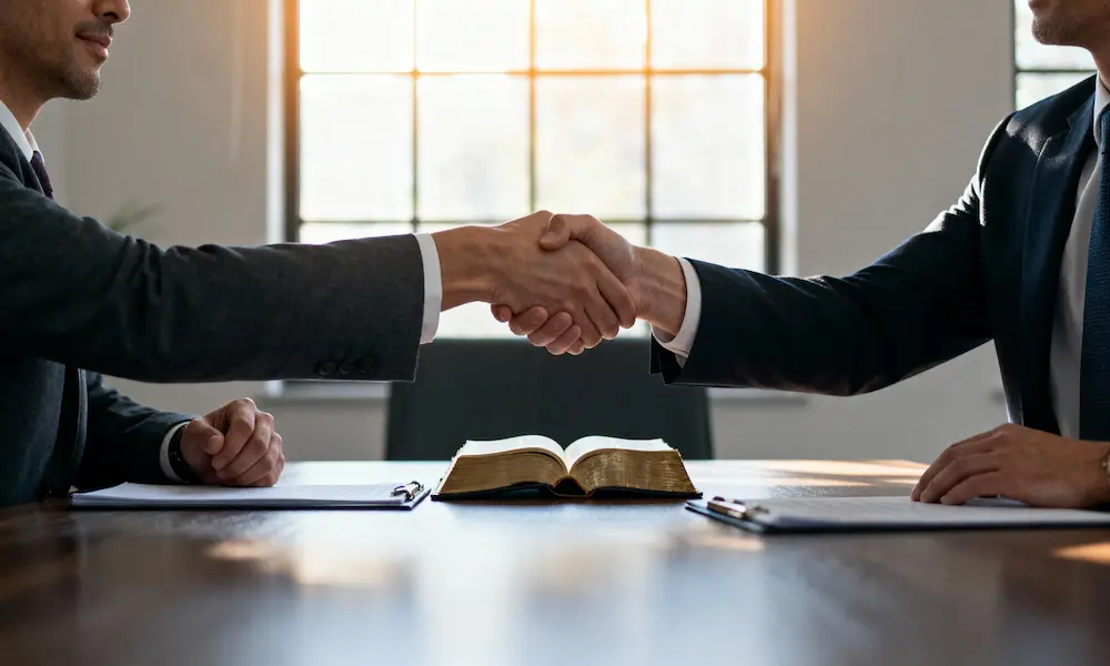 Two people shake hands in reconciliation with open Bible between them in hopeful afternoon mediation office.