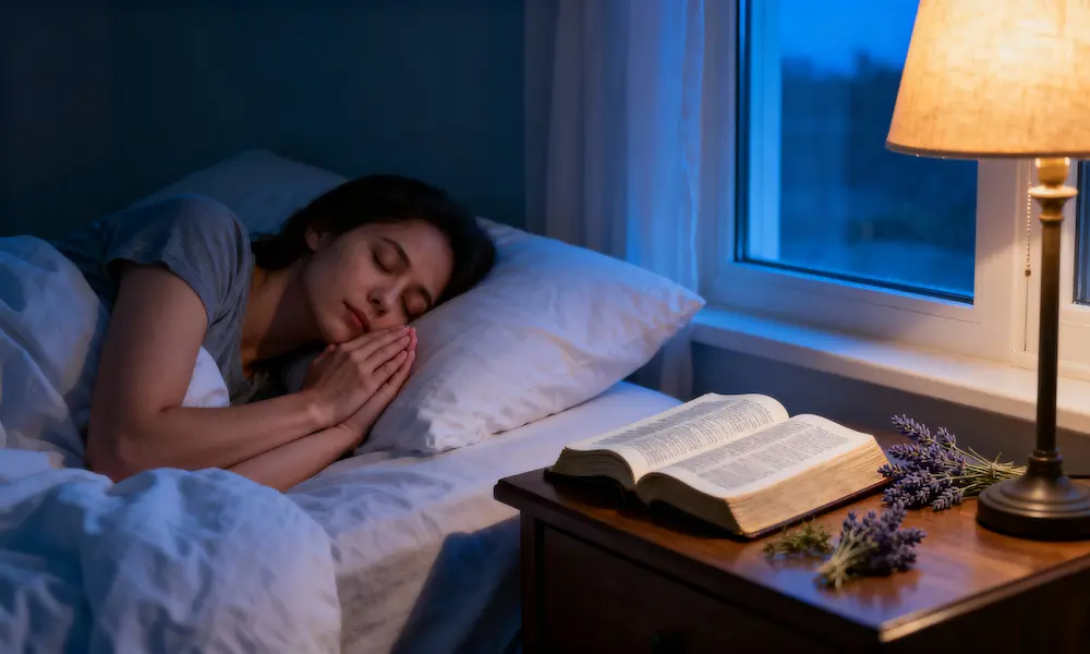 Person lies peacefully in prayer position with open Bible and healing herbs on nightstand at blue hour.