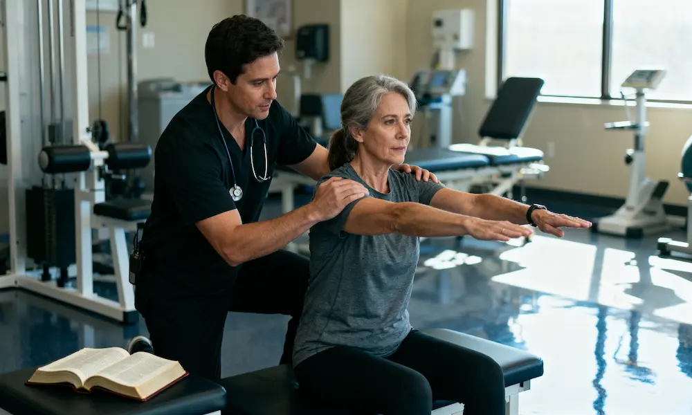 Physical therapist assists patient with rehabilitation exercises with open Bible on equipment in morning light.