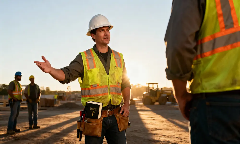Construction foreman confidently directs building project with open Bible in hard hat in dynamic afternoon light.
