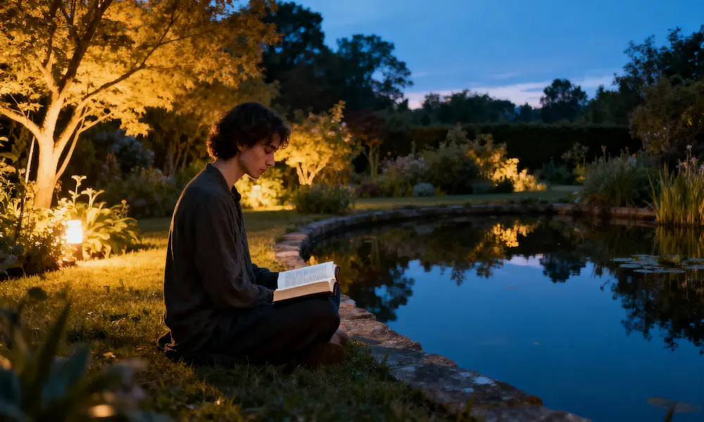 Person sits in peaceful contemplation beside still pond with open Bible at blue hour meditation garden.