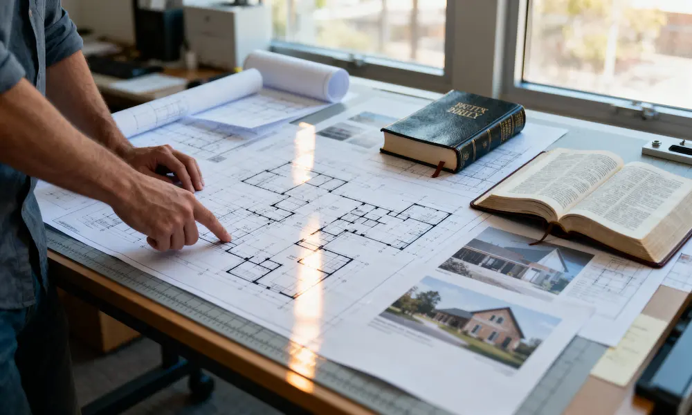Architect reviews blueprints and vision boards with open Bible among planning materials in morning office light.