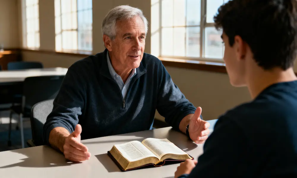 Experienced mentor guides younger person with open Bible central to wisdom discussion in warm afternoon light.