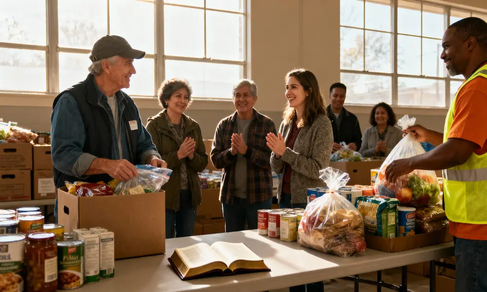 Volunteers distribute groceries to families with open Bible at distribution table in warm afternoon light