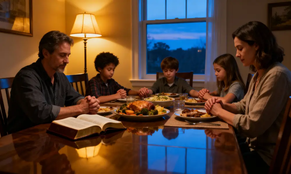 Family holds hands in thanksgiving prayer around dinner table with open Bible at blue hour.