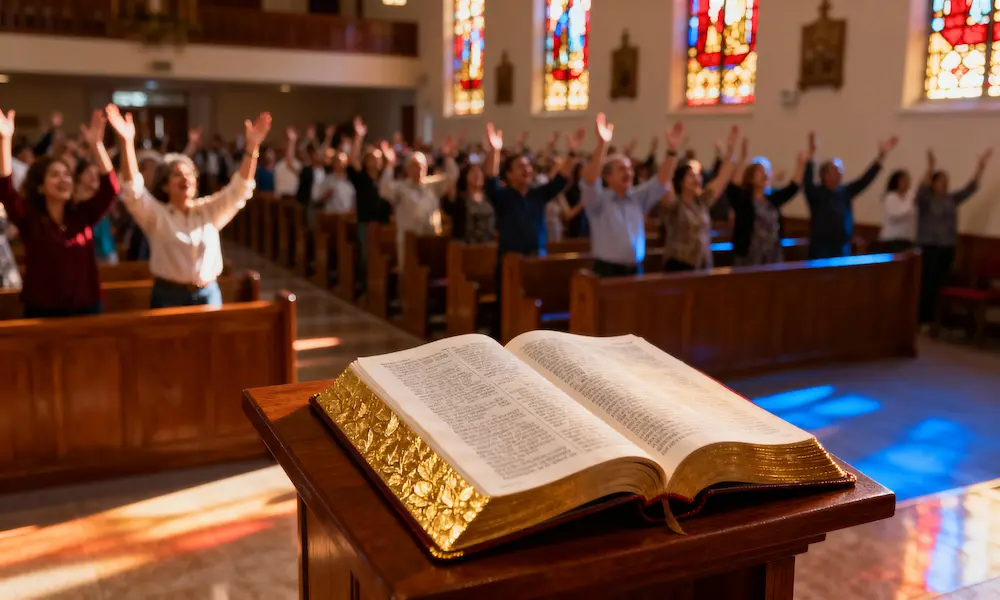 Congregation raises hands in joyful worship with open Bible on altar in morning stained glass light.