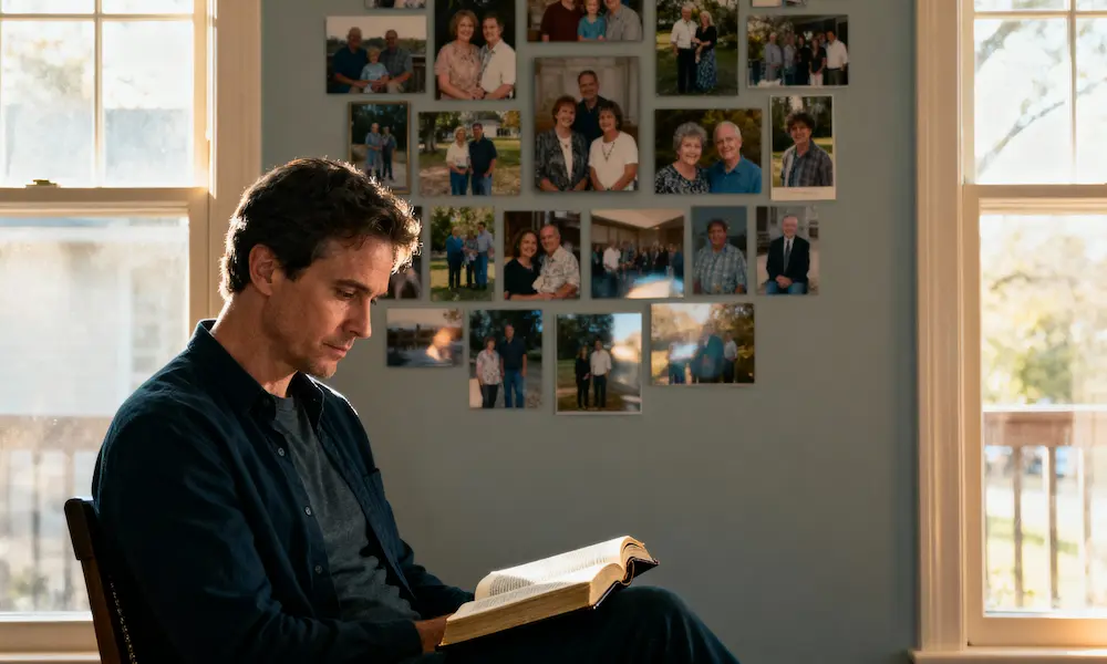 Person sits contemplatively before photo collage with open Bible in lap in warm nostalgic afternoon light.
