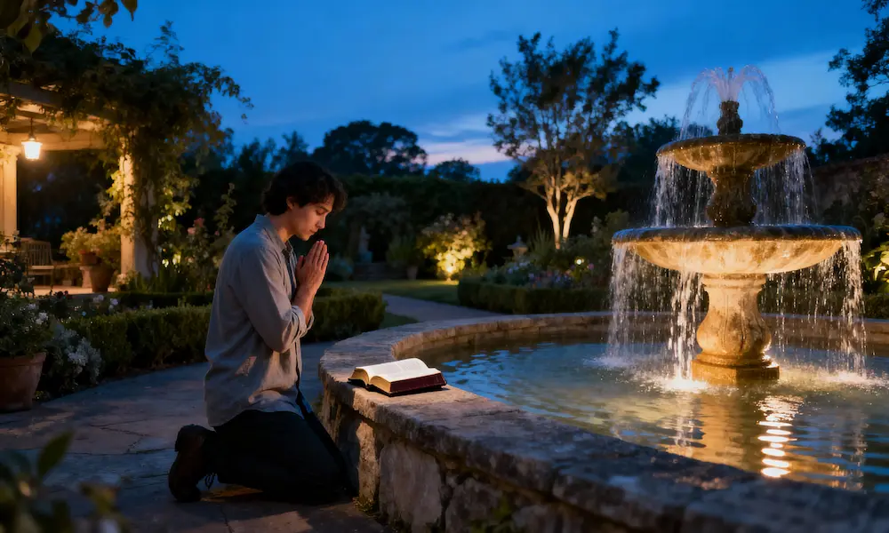 Person kneels in renewal prayer beside flowing fountain with open Bible on stone ledge at blue hour.