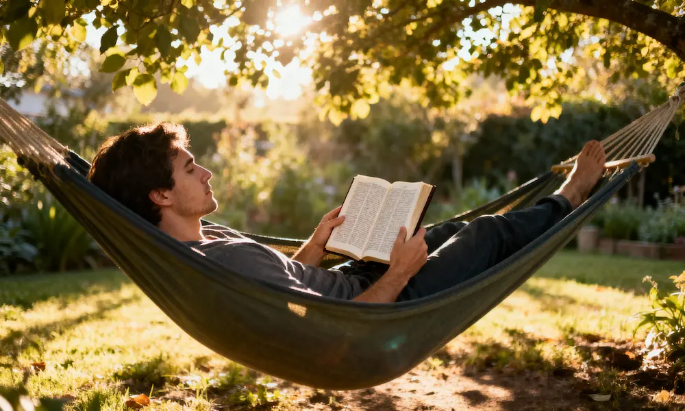 Person rests peacefully in garden hammock reading open Bible under shade trees in filtered morning light.