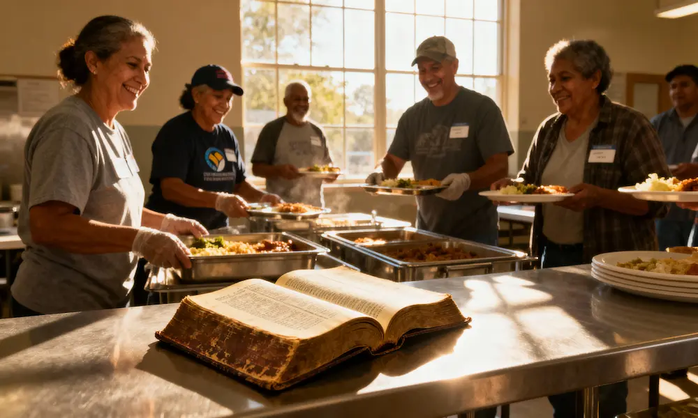 Volunteers serve meals to those in need with open Bible at serving station in warm afternoon light.
