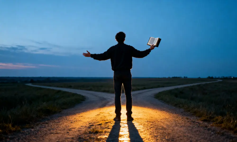 Person stands at crossroads with arms open wide holding open Bible at blue hour horizon.