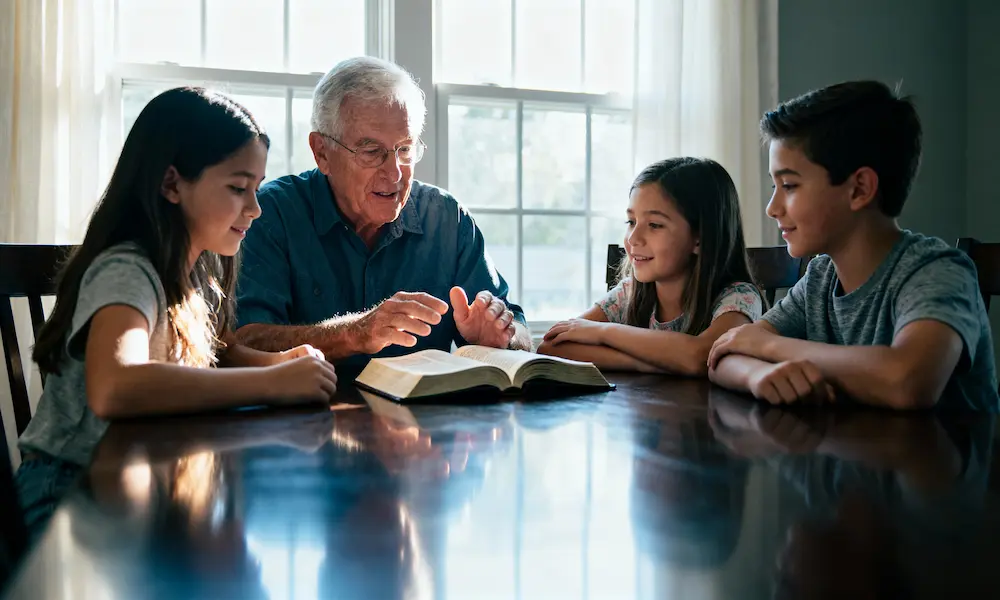 Grandparent shares wisdom with family generations around table with open Bible at center in morning light.