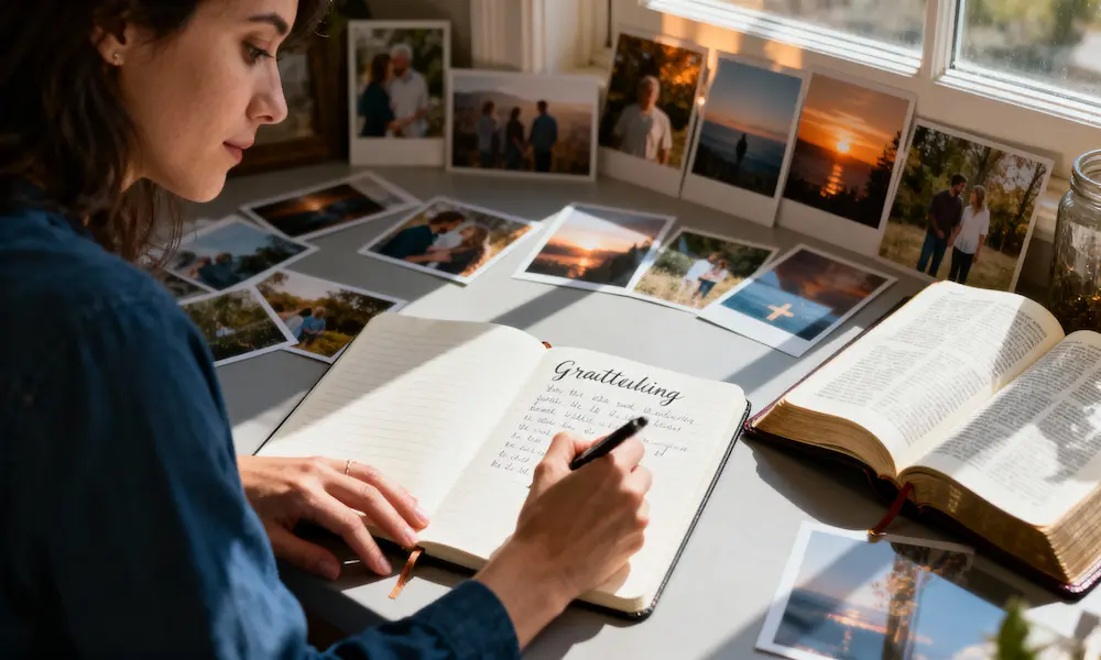 Person writes gratefully in journal surrounded by spiritual journey photos with open Bible in warm afternoon light.