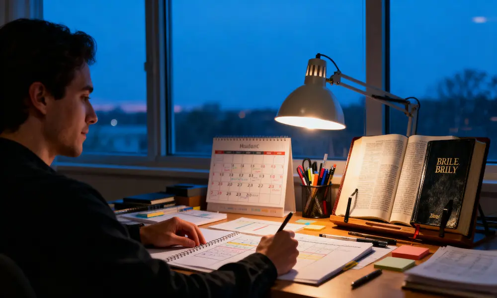 Person reviews future spiritual plans with open Bible and calendar at blue hour planning desk.