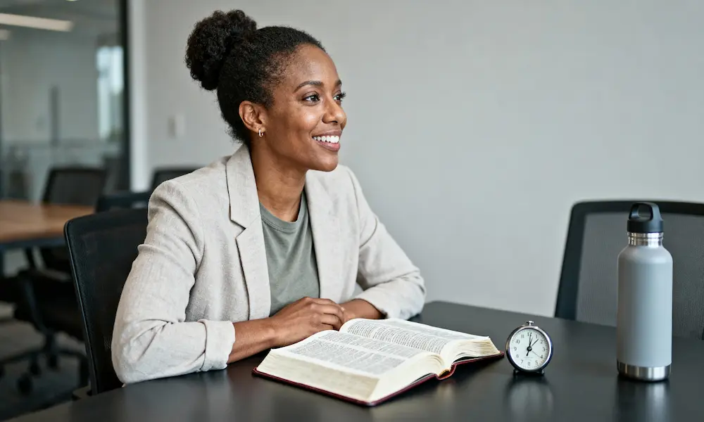 Woman in shared workspace with open Bible, timer, and water in cool daylight.