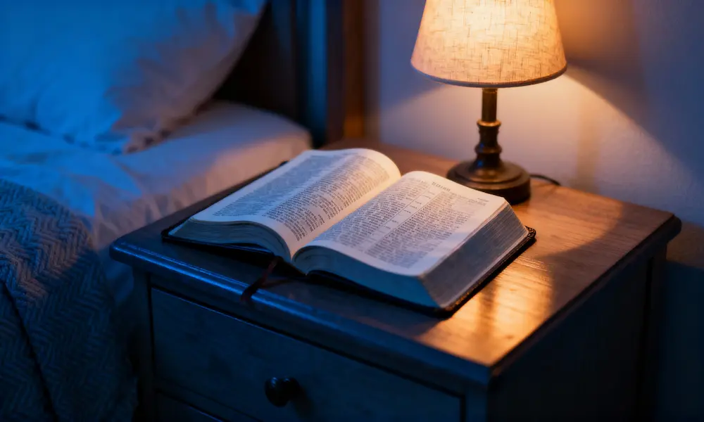 Nightstand with open Bible, warm lamp, and soft linens at blue hour.