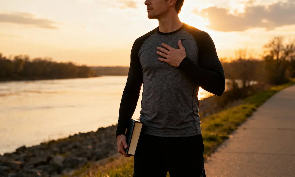 Young man pausing on riverside path with Bible under arm, sun rim light.