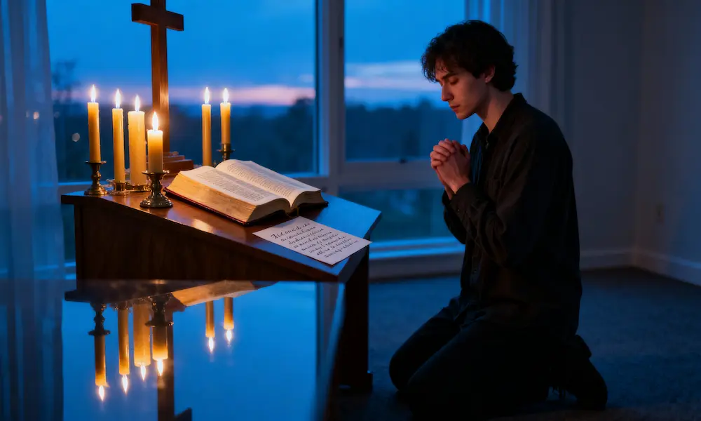 Person kneels in commitment prayer before personal altar with open Bible and covenant at blue hour.