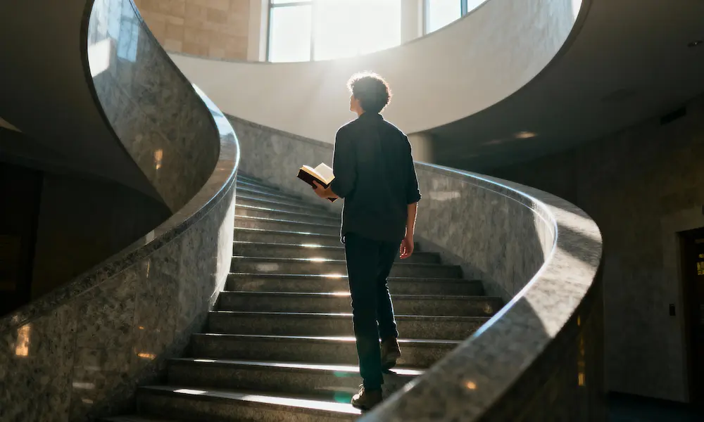 Person ascends spiral staircase toward bright morning light carrying open Bible in architectural setting.