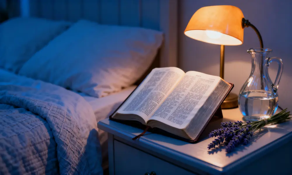 Nightstand with open Bible, warm lamp, lavender, and water at blue hour.