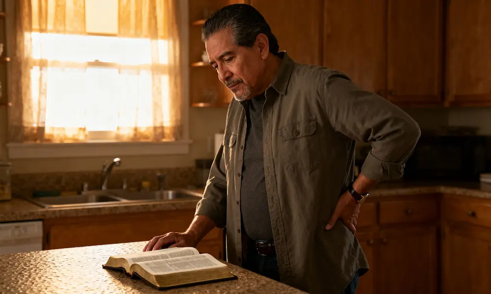 Man standing by kitchen counter with hand on back and hand on open Bible.