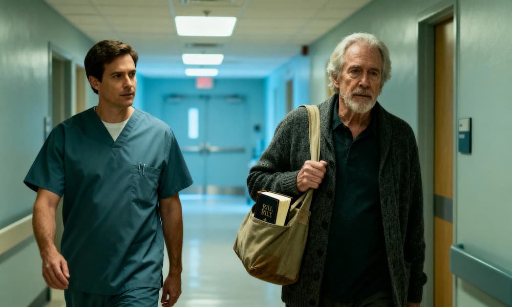 Clinician and patient walking in hospital corridor; Bible in patient’s tote.