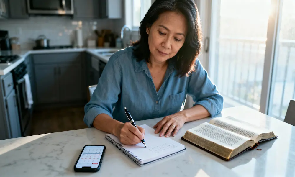 Woman at table with open Bible, notepad, and phone calendar in morning light.