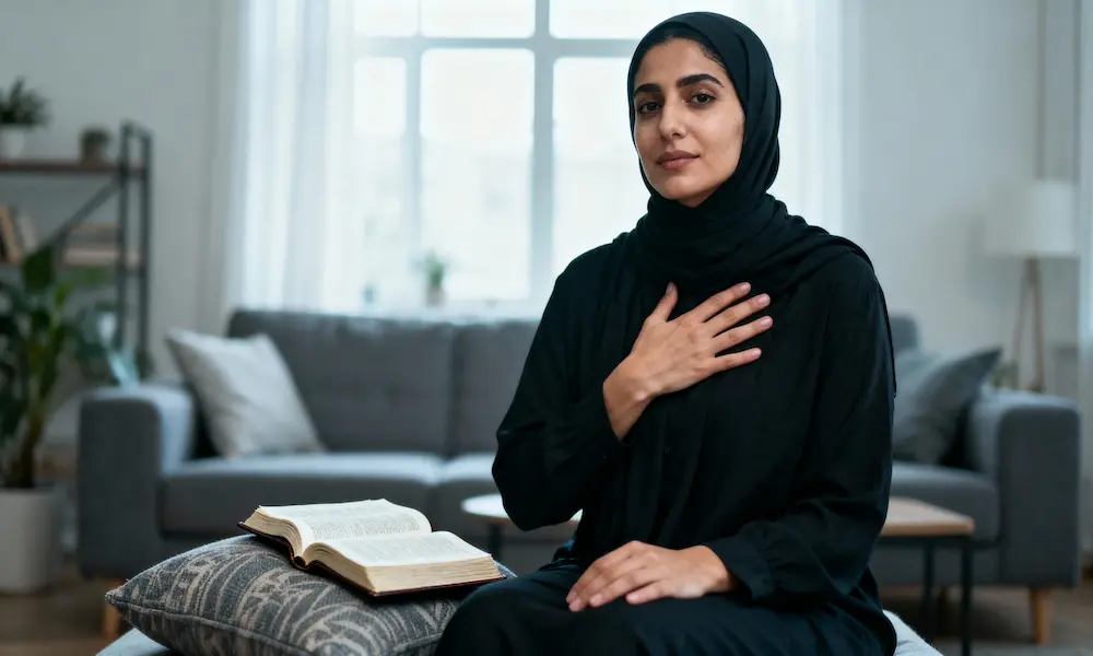 Woman seated with hand over heart and open Bible beside her in soft daylight.