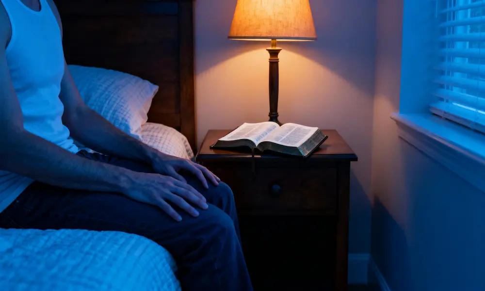 Man sitting at bedside with open Bible on nightstand, eyes closed in blue-hour calm.