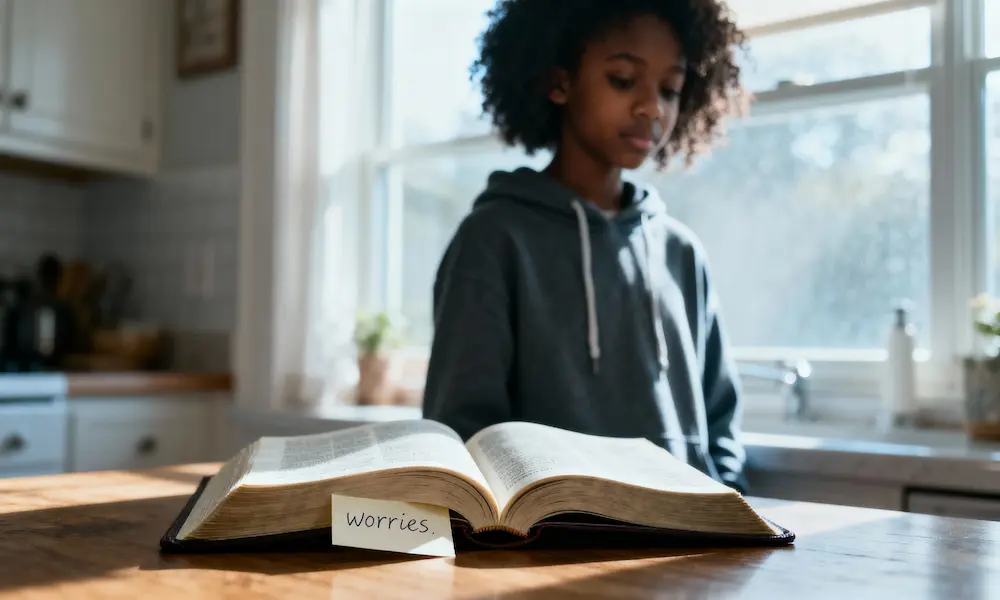 Teen girl placing a “worries” note under an open Bible in morning light.