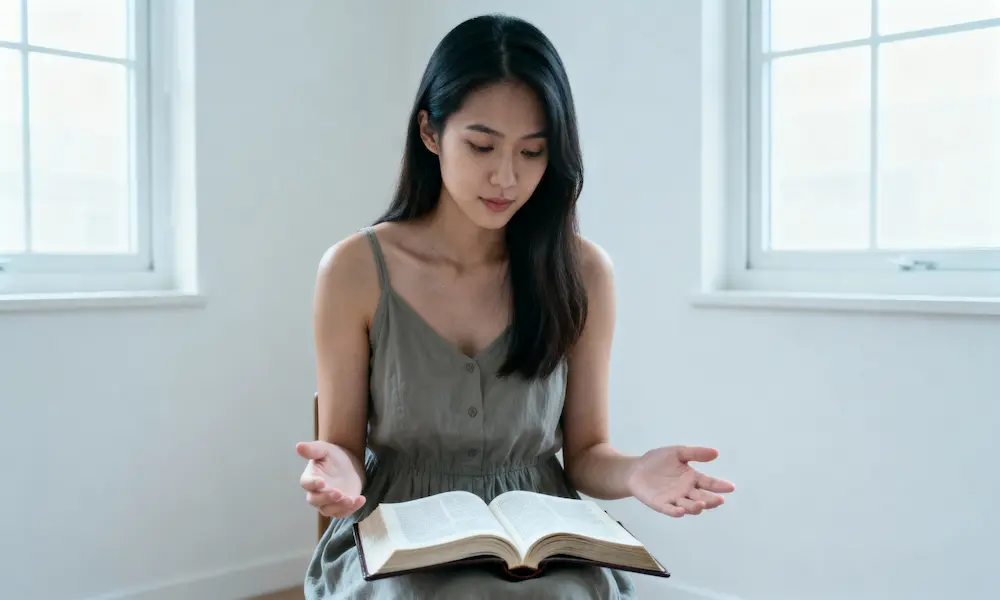 Young woman seated with open Bible on lap, eyes closed, hands open in worship.