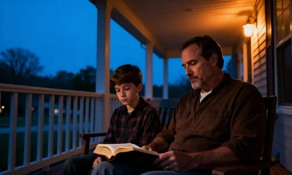 Dad and son on porch with open Bible at dusk, warm light and hopeful smiles.