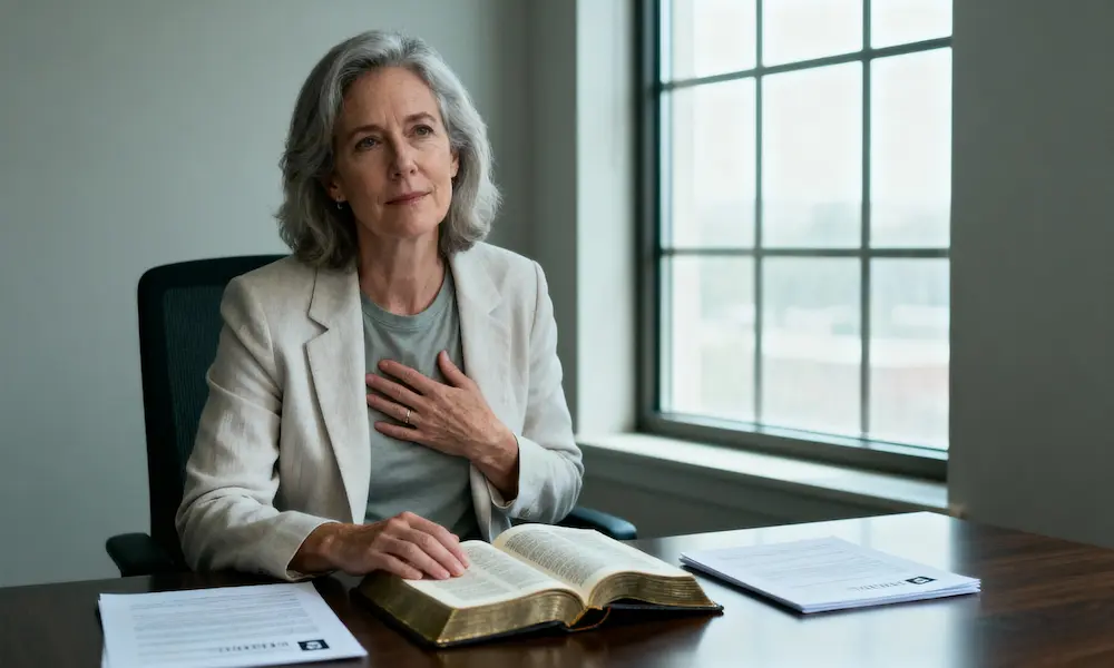 Woman in study praying with hand on open Bible and documents.