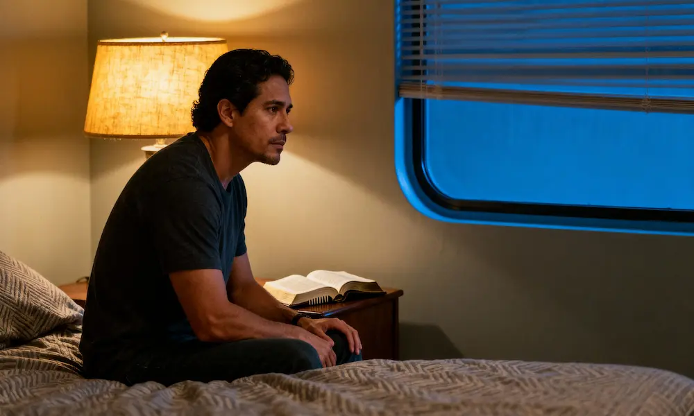Father seated by bed with open Bible on nightstand, calm at blue hour.