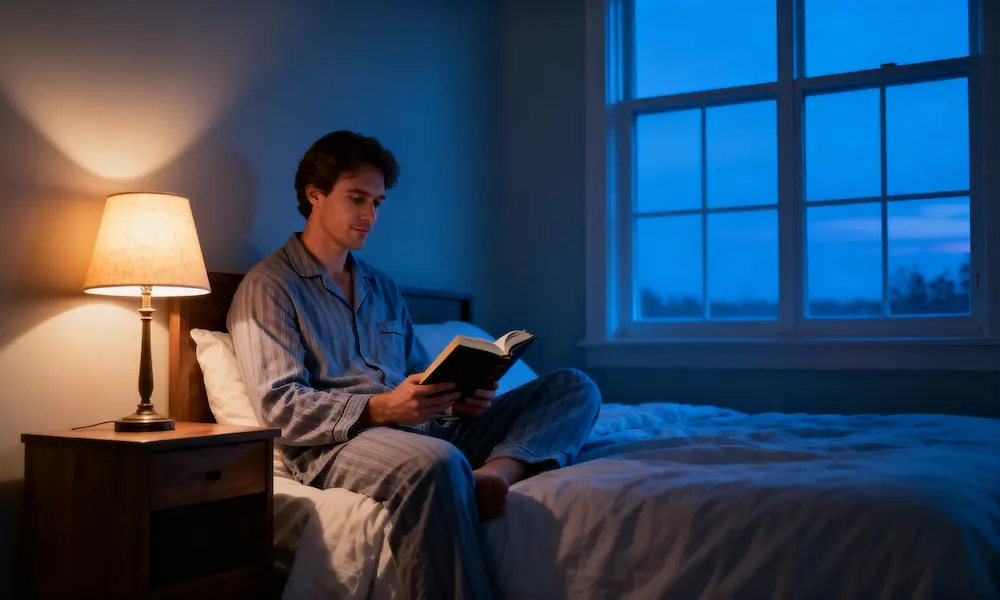 Person in pajamas sits on bed with open Bible at blue hour, preparing for restful sleep.